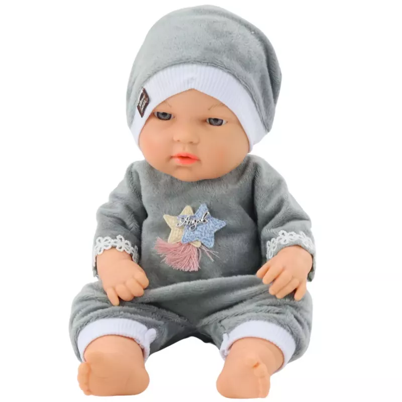 LEAN TOYS Babypuppe in grauem Schlafanzug, Mütze, bewegliche Arme und Beine, 30 cm