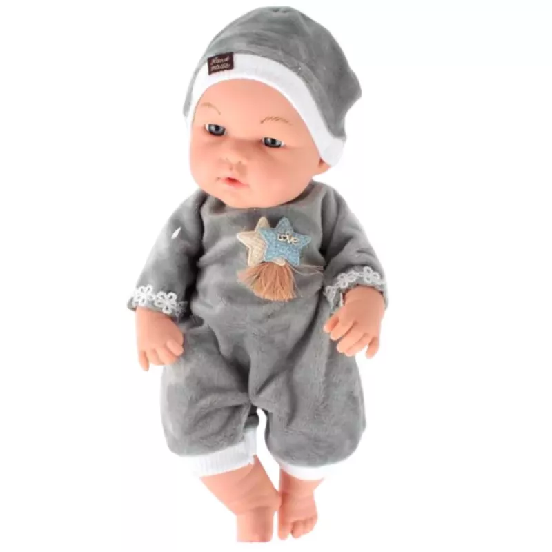 LEAN TOYS Babypuppe in grauem Schlafanzug, Mütze, bewegliche Arme und Beine, 30 cm
