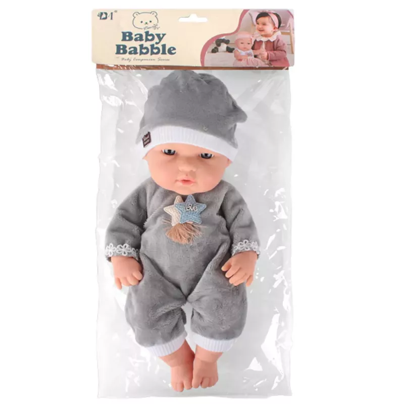 LEAN TOYS Babypuppe in grauem Schlafanzug, Mütze, bewegliche Arme und Beine, 30 cm