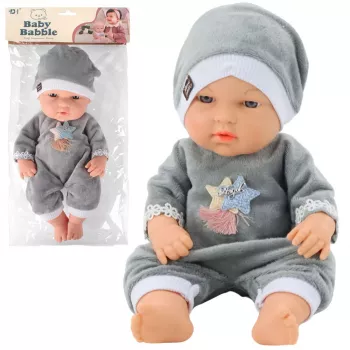 LEAN TOYS Babypuppe in grauem Schlafanzug, Mütze, bewegliche Arme und Beine, 30 cm