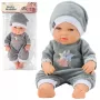 LEAN TOYS Babypuppe in grauem Schlafanzug, Mütze, bewegliche Arme und Beine, 30 cm