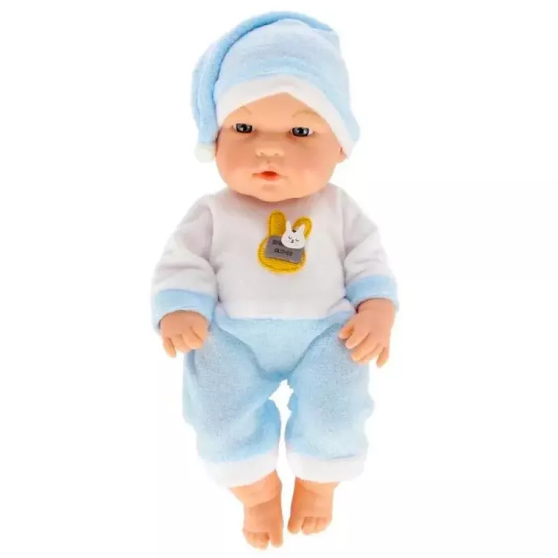 LEAN TOYS Babypuppe in blauem Schlafanzug, Mütze, bewegliche Arme und Beine, 30 cm