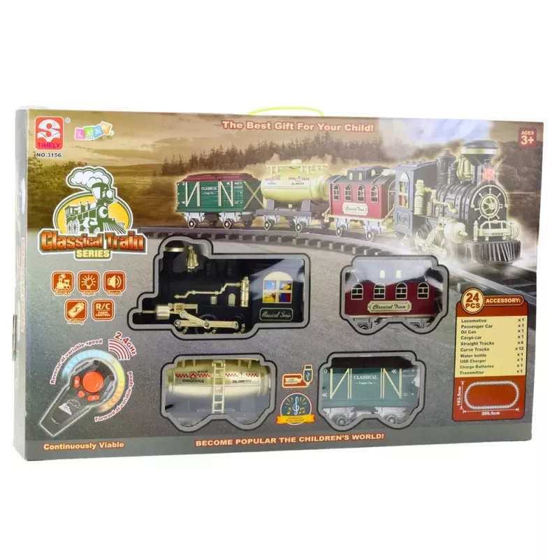 LEAN TOYS Elektrischer Zug Classic RC Zug mit Licht, Sound und Rauch, 206 cm Gleis, 24 Teile
