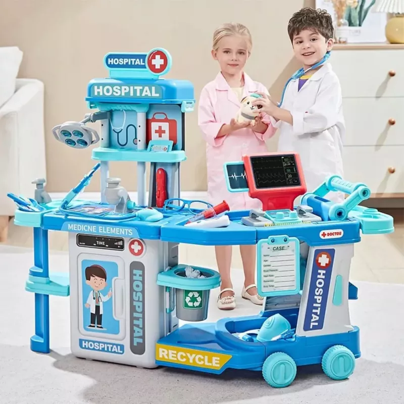 LEAN TOYS Arzt-Krankenhaus-Set im Koffer 2-in-1 mit Licht und Sound, Zubehör