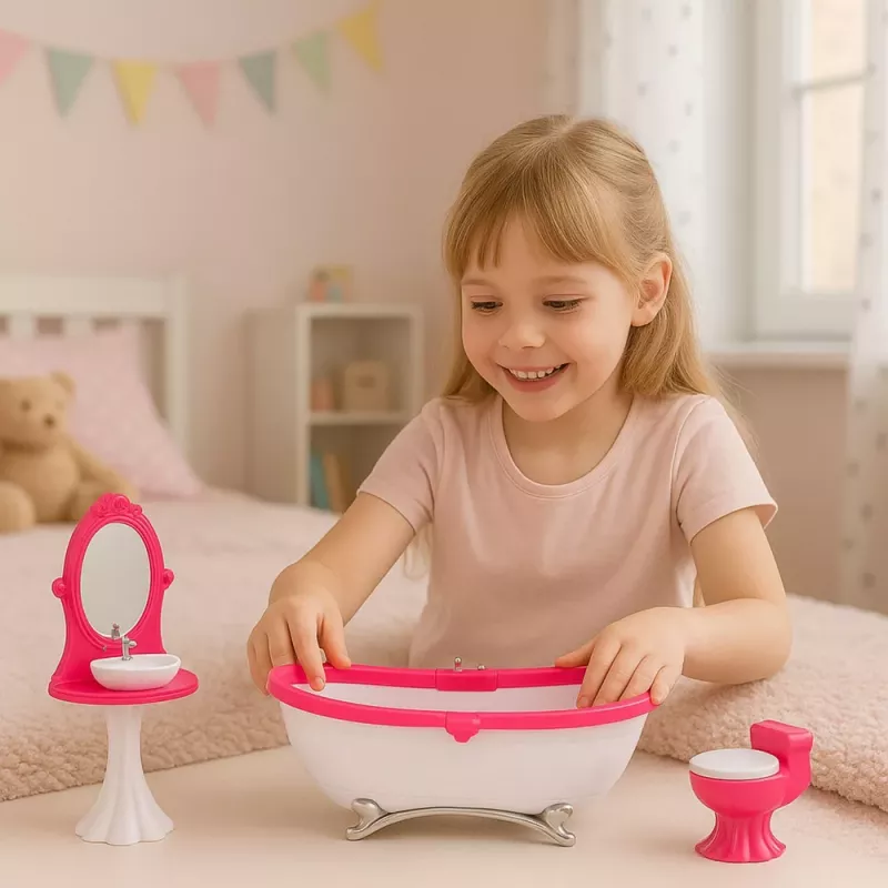 LEAN TOYS Puppenbadezimmer-Set: Badewanne, Toilette, Waschbecken mit Spiegel