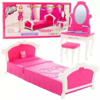 LEAN TOYS Schlafzimmer-Set für Puppen: Frisiertisch, Stuhl, Bett