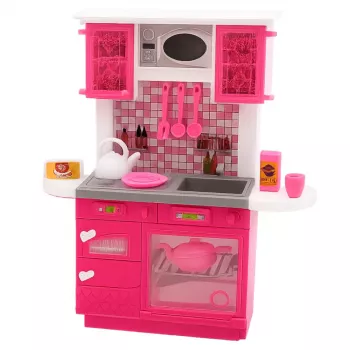 LEAN TOYS Puppenküche Set mit Kühlschrank, Herd und Zubehör, Pink