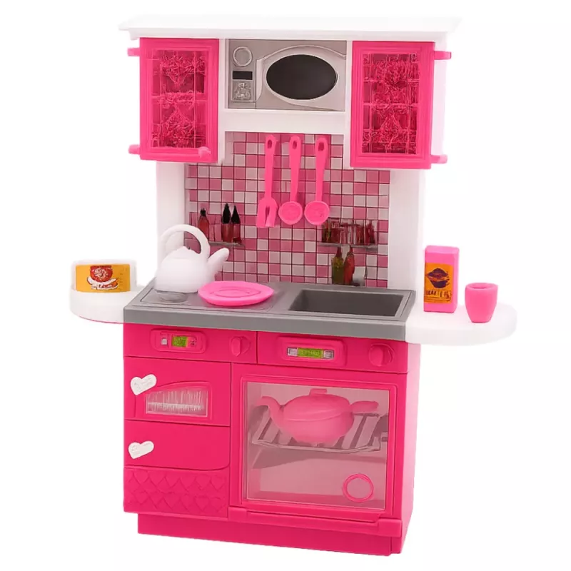 LEAN TOYS Puppenküche Set mit Kühlschrank, Herd und Zubehör, Pink
