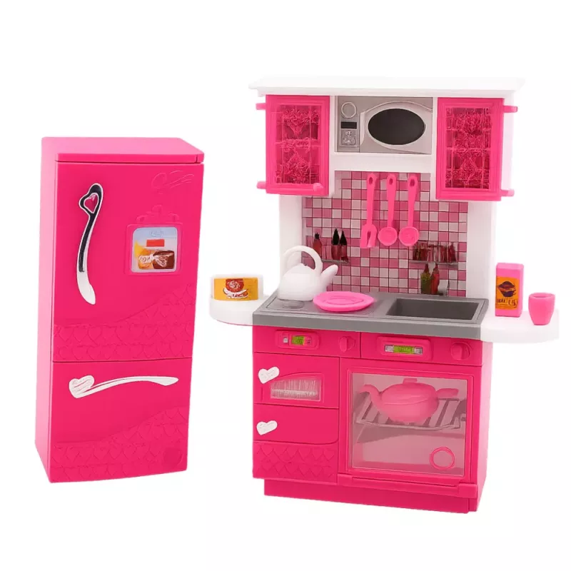 LEAN TOYS Puppenküche Set mit Kühlschrank, Herd und Zubehör, Pink