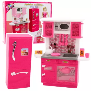 LEAN TOYS Puppenküche Set mit Kühlschrank, Herd und Zubehör, Pink