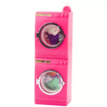 LEAN TOYS Puppen-Wäsche-Set Waschmaschine Trockner Wäschekorb Kleiderbügel Pink
