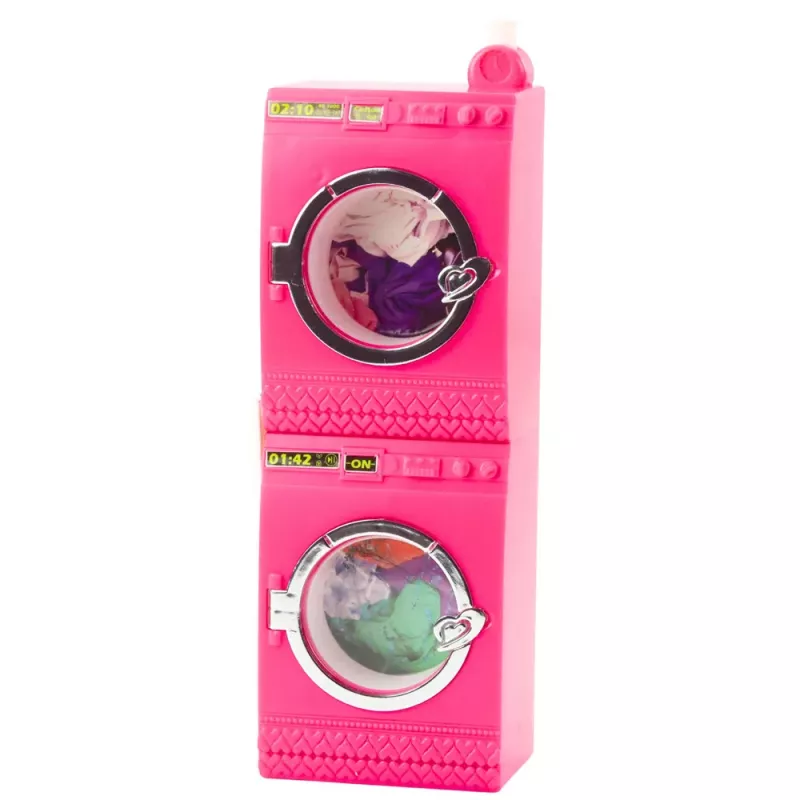 LEAN TOYS Puppen-Wäsche-Set Waschmaschine Trockner Wäschekorb Kleiderbügel Pink