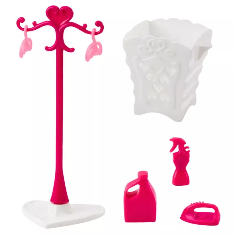 LEAN TOYS Puppen-Wäsche-Set Waschmaschine Trockner Wäschekorb Kleiderbügel Pink