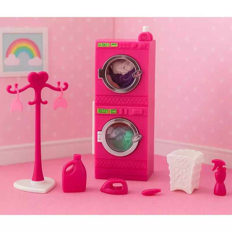 LEAN TOYS Puppen-Wäsche-Set Waschmaschine Trockner Wäschekorb Kleiderbügel Pink
