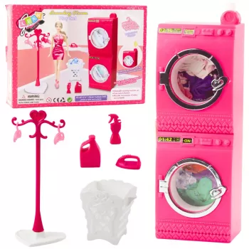 LEAN TOYS Puppen-Wäsche-Set Waschmaschine Trockner Wäschekorb Kleiderbügel Pink