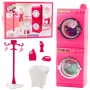 LEAN TOYS Puppen-Wäsche-Set Waschmaschine Trockner Wäschekorb Kleiderbügel Pink