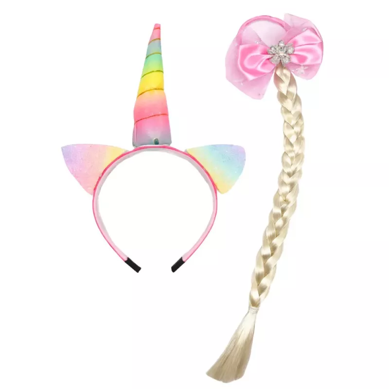 LEAN TOYS Set aus Einhorn-Stirnband mit Zopf und Pastellschleife
