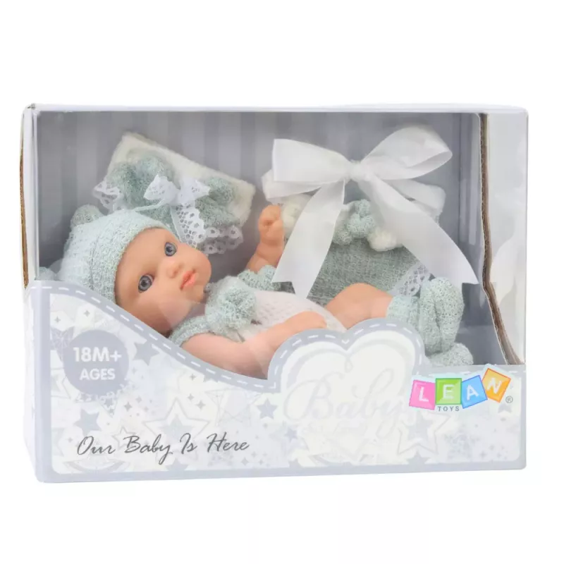 LEAN TOYS Babypuppe, graues Outfit, Mütze, Lätzchen, 18 cm