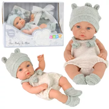 LEAN TOYS Babypuppe, graues Outfit, Mütze, Lätzchen, 18 cm