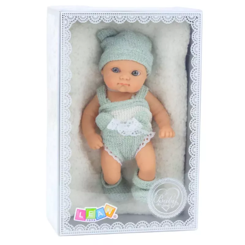 LEAN TOYS Babypuppe mit Decke, Outfit in Weiß und Grau, Mütze, 18 cm