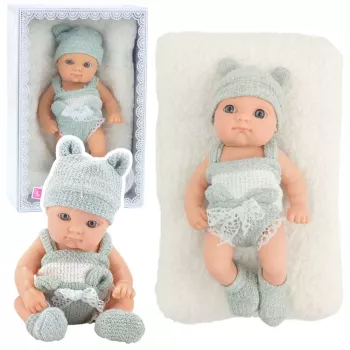 LEAN TOYS Babypuppe mit Decke, Outfit in Weiß und Grau, Mütze, 18 cm