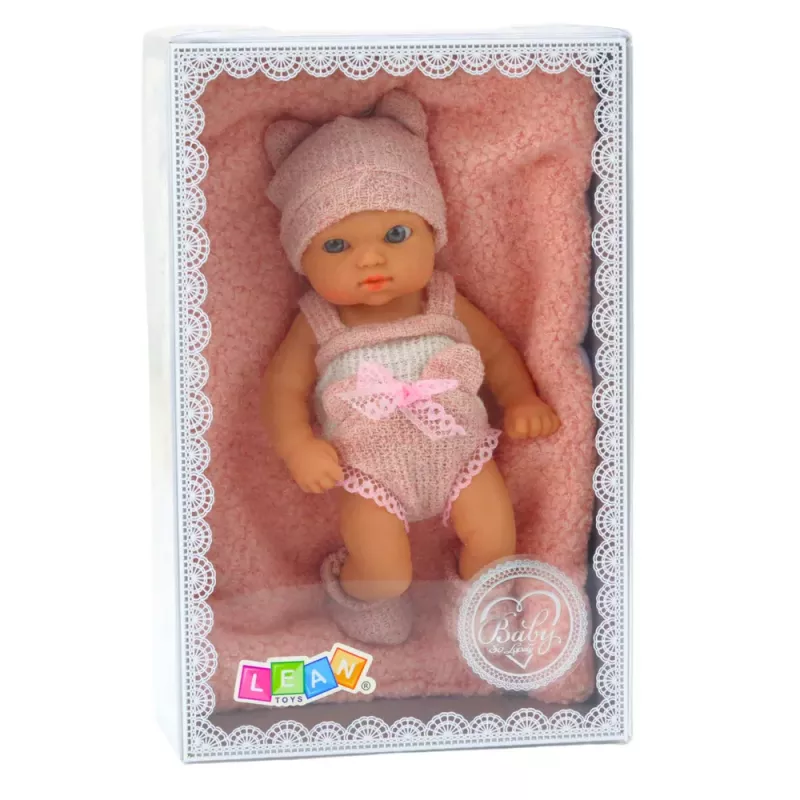 LEAN TOYS Babypuppe mit Decke, weißer und rosa Kleidung, Hut, 18 cm