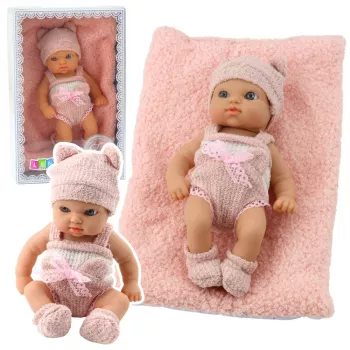 LEAN TOYS Babypuppe mit Decke, weißer und rosa Kleidung, Hut, 18 cm