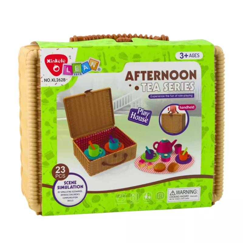 LEAN TOYS Teeset im Korb Tassen Teller Süßigkeiten 23-teilig
