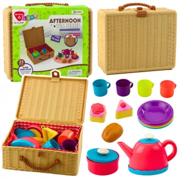 LEAN TOYS Teeset im Korb Tassen Teller Süßigkeiten 23-teilig