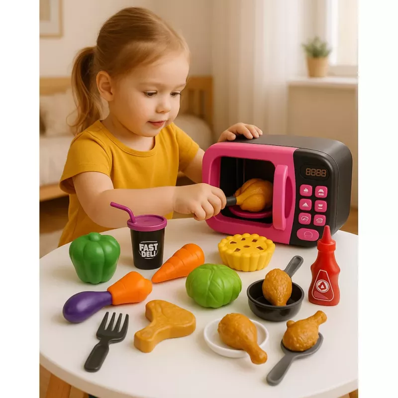 LEAN TOYS Mikrowellen-Spielzeug für Kinder mit 360°-Rotation, Lichtern und Geräuschen, Rosa
