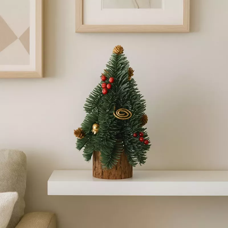 LEAN Dekorativer Weihnachtsbaum auf Stamm mit roten Vogelbeeren 26 x 12 cm