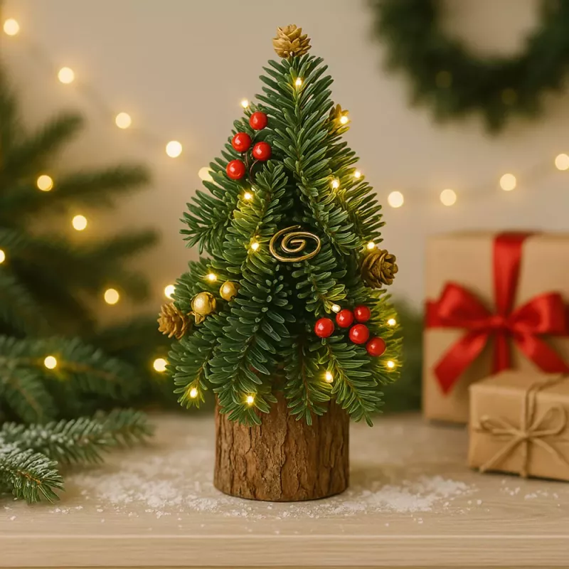 LEAN Dekorativer Weihnachtsbaum auf Stamm mit roten Vogelbeeren und Zapfen 38 x 15 cm