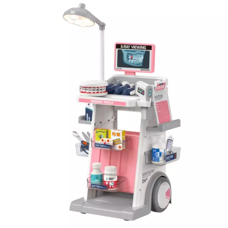 LEAN TOYS Arzt-Zahnarzt-Set mit medizinischem Wagen und Lichteffekten, Pink, 26 Teile
