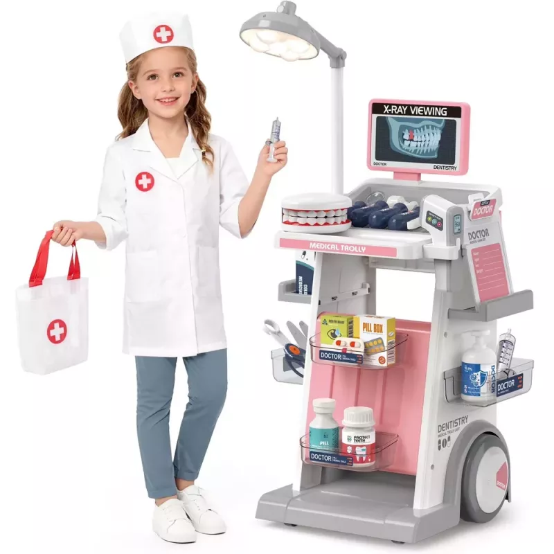 LEAN TOYS Arzt-Zahnarzt-Set mit medizinischem Wagen und Lichteffekten, Pink, 26 Teile