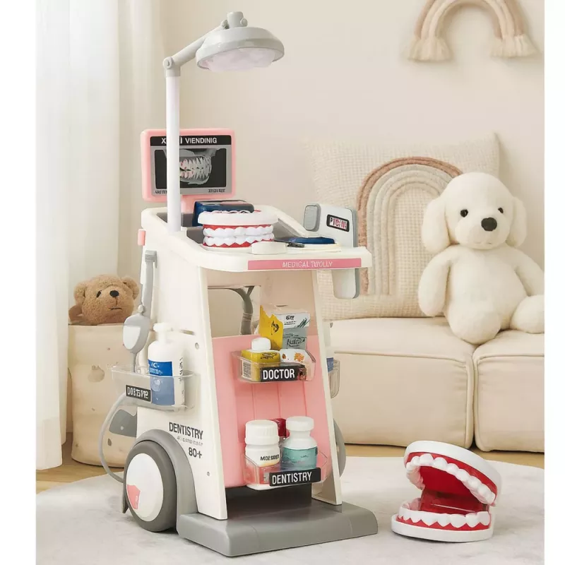 LEAN TOYS Arzt-Zahnarzt-Set mit medizinischem Wagen und Lichteffekten, Pink, 26 Teile