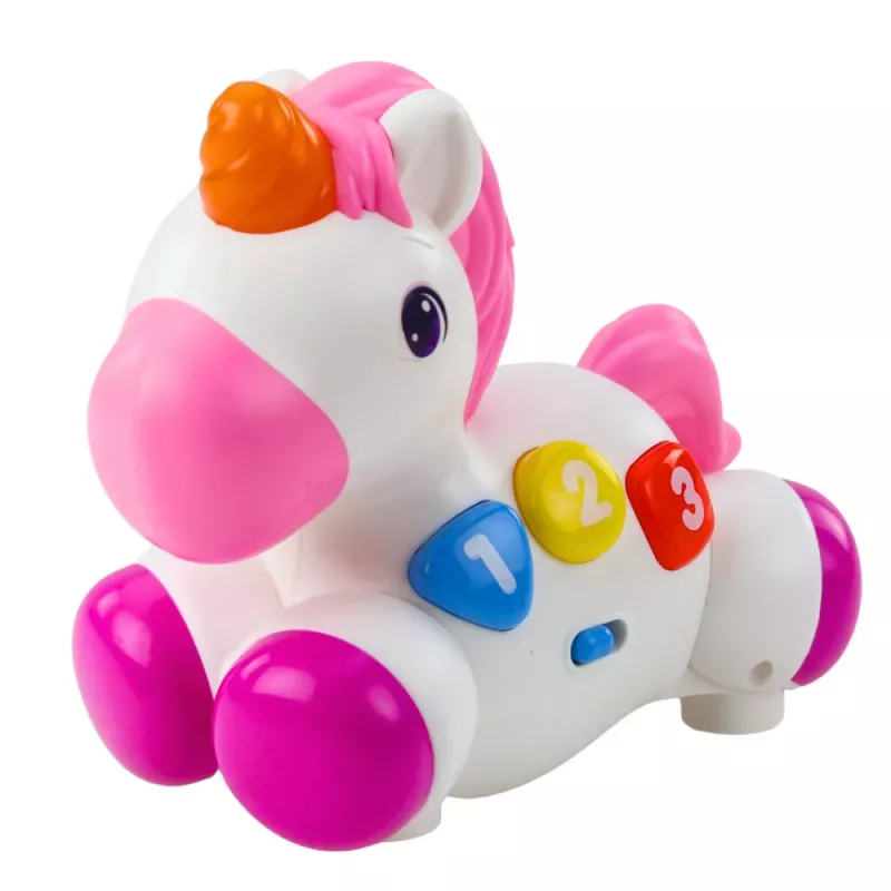 LEAN TOYS Interaktives Spielzeug für Kleinkinder Einhorn auf Rädern Licht und Sound