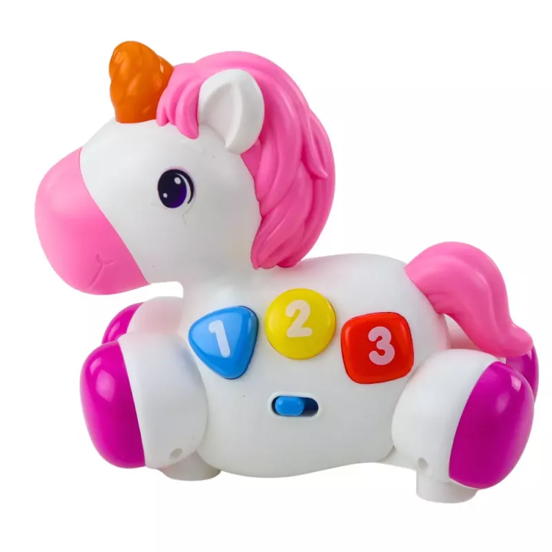 LEAN TOYS Interaktives Spielzeug für Kleinkinder Einhorn auf Rädern Licht und Sound