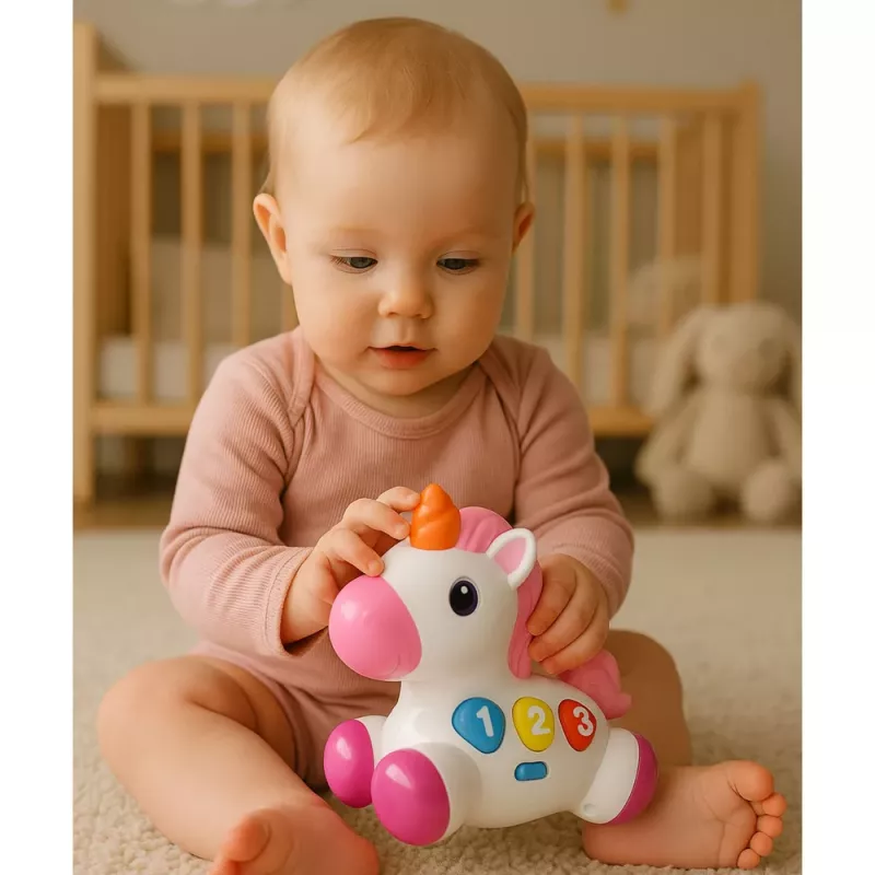 LEAN TOYS Interaktives Spielzeug für Kleinkinder Einhorn auf Rädern Licht und Sound