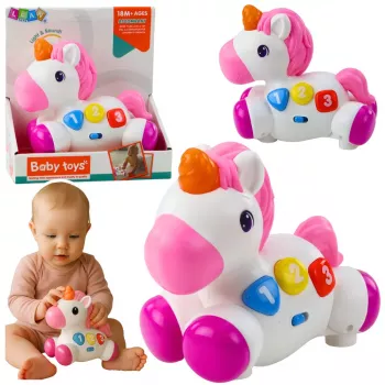 LEAN TOYS Interaktives Spielzeug für Kleinkinder Einhorn auf Rädern Licht und Sound