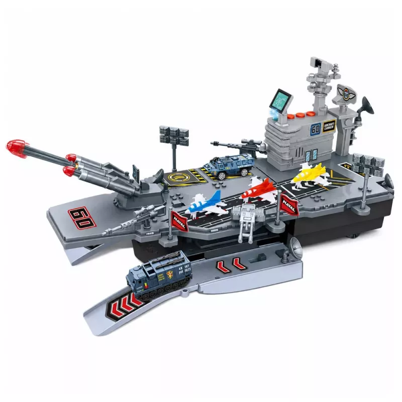 LEAN TOYS Militär-Set Flugzeugträger Militärbasis Kampfflugzeuge Fahrzeuge Licht Sound
