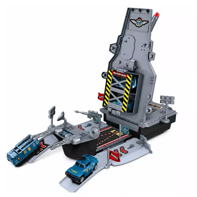 LEAN TOYS Militär-Set Flugzeugträger Militärbasis Kampfflugzeuge Fahrzeuge Licht Sound