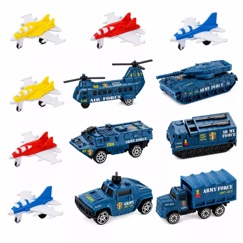 LEAN TOYS Militär-Set Flugzeugträger Militärbasis Kampfflugzeuge Fahrzeuge Licht Sound