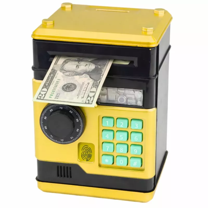 LEAN TOYS ATM Elektronisches Sparschwein Tresor mit Licht und Sound, PIN-Code, Gold