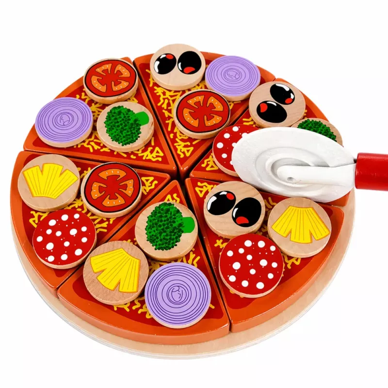 LEAN TOYS Holz-Pizza-Schneideset mit Klettrad und Schneidebrett