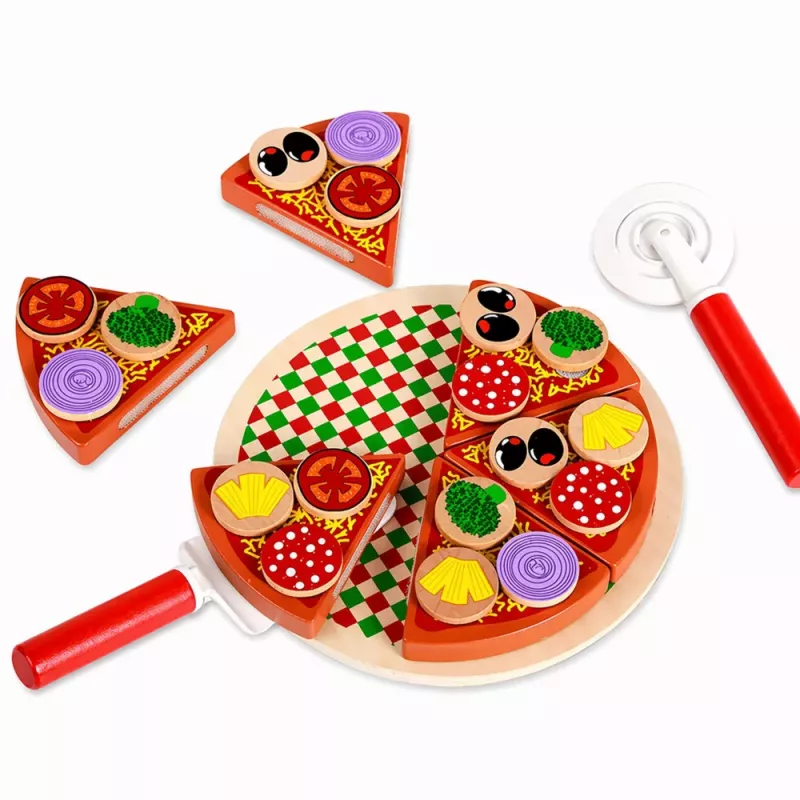 LEAN TOYS Holz-Pizza-Schneideset mit Klettrad und Schneidebrett