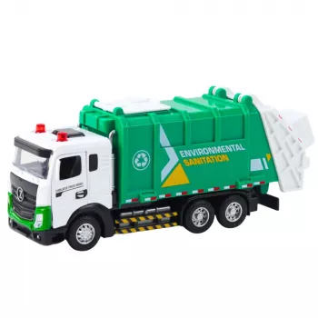 LEAN TOYS Müllwagen für Kinder, Metallkabine, Mülltonne, Lichter, Geräusche, Grün