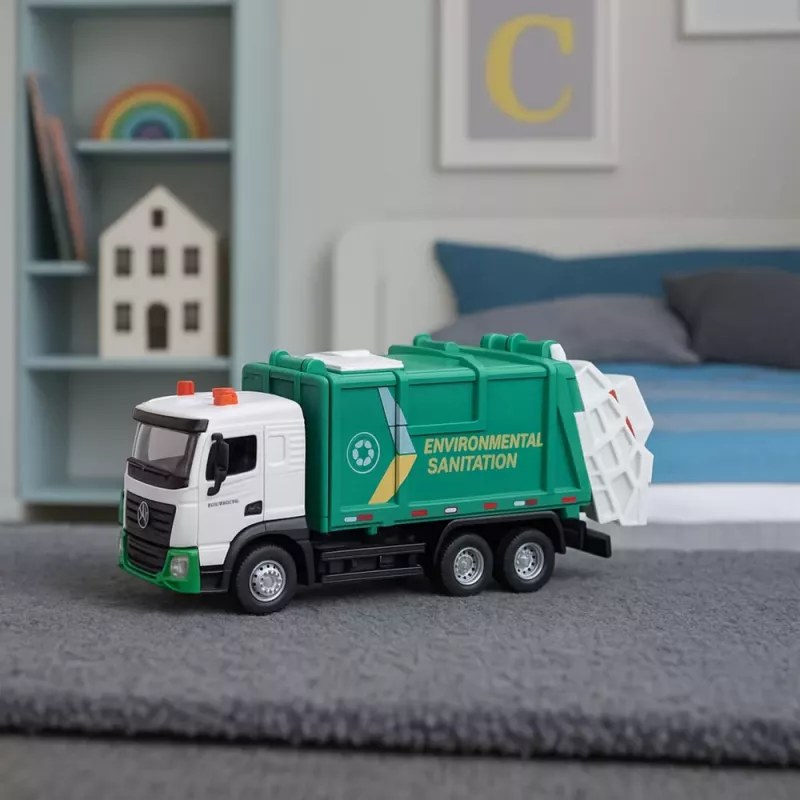 LEAN TOYS Müllwagen für Kinder, Metallkabine, Mülltonne, Lichter, Geräusche, Grün