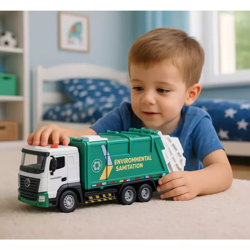 LEAN TOYS Müllwagen für Kinder, Metallkabine, Mülltonne, Lichter, Geräusche, Grün
