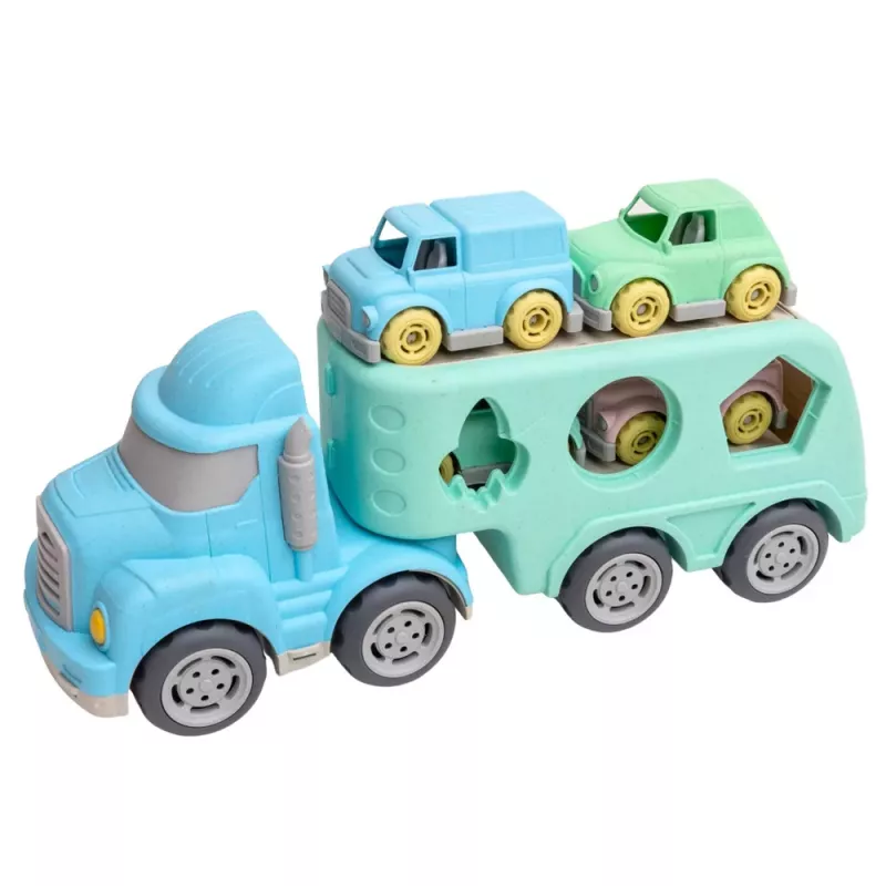 LEAN TOYS Truck Abschleppwagen Lernspielzeug Sortierer mit Autos Blöcken Pastell BIO Kunststoff