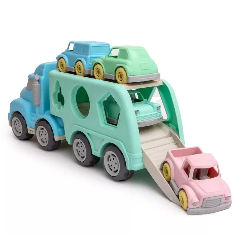 LEAN TOYS Truck Abschleppwagen Lernspielzeug Sortierer mit Autos Blöcken Pastell BIO Kunststoff